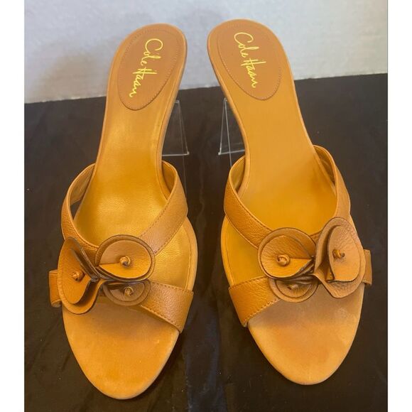 Cole Haan Nike Air Cognac Brown Smooth Leather Kitten Heel Mules Women’s SZ 10B - Picture 1 of 11